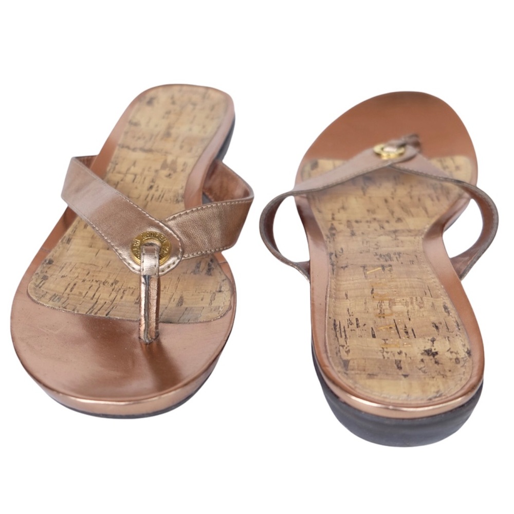 Lauren Ralph Lauren Sandals Kira Gold Thong Low Wedge Heels Slip On Shoes 8B